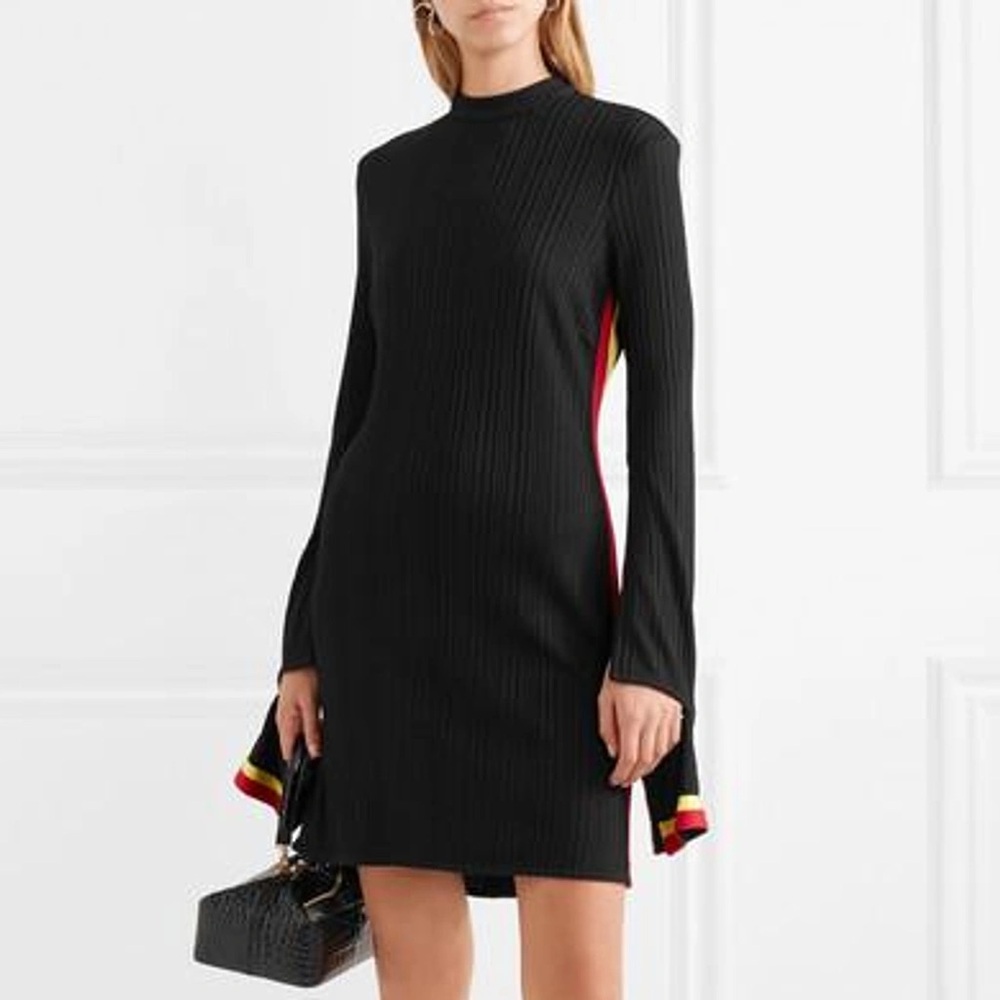 Ellery black mini dress with red + yellow Stripes